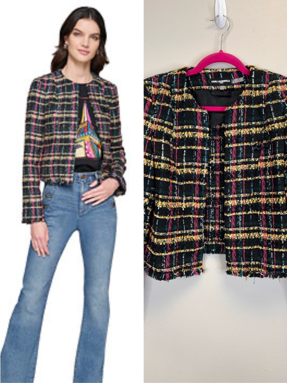 Karl Lagerfeld Black Multicolor Tweed Cropped Blazer Size 4 Luxury Designer